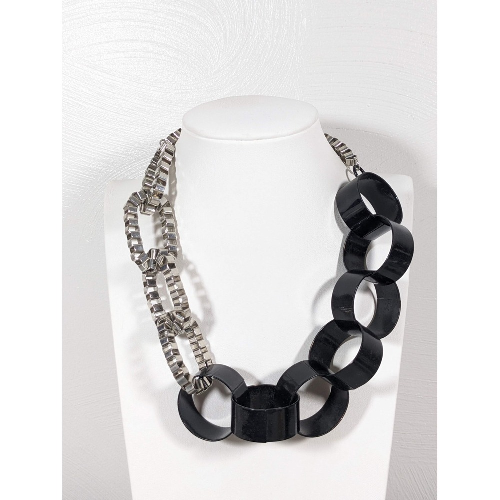 Chunky Black & Silver Tone Wide Circle Link Statement Necklace 20"